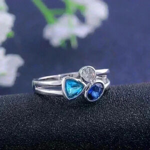New Sterling Silver Blue Sapphire Aquamarine Diamond Ring